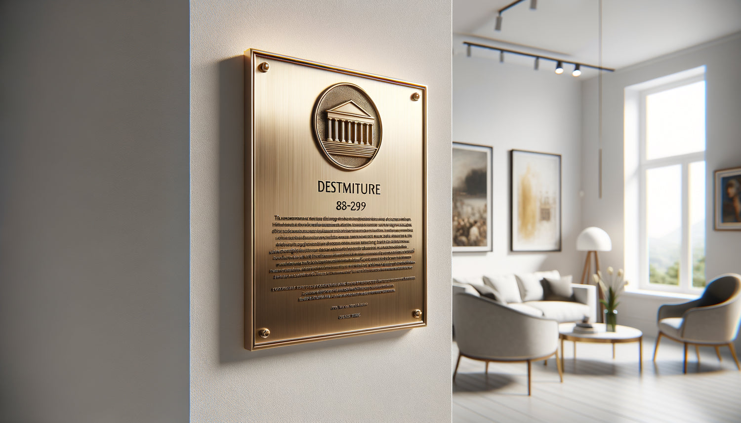 Plaque descriptive élégante en laiton montée sur mur blanc à côté d'une œuvre encadrée dans intérieur contemporain