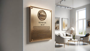 Plaque descriptive élégante en laiton montée sur mur blanc à côté d'une œuvre encadrée dans intérieur contemporain