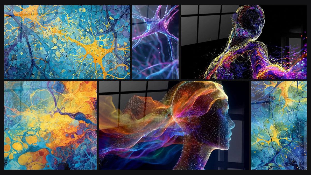 Mosaic of six paintings, including Neural Network, Luminescent Neuron and Human Neuronal Silhouette