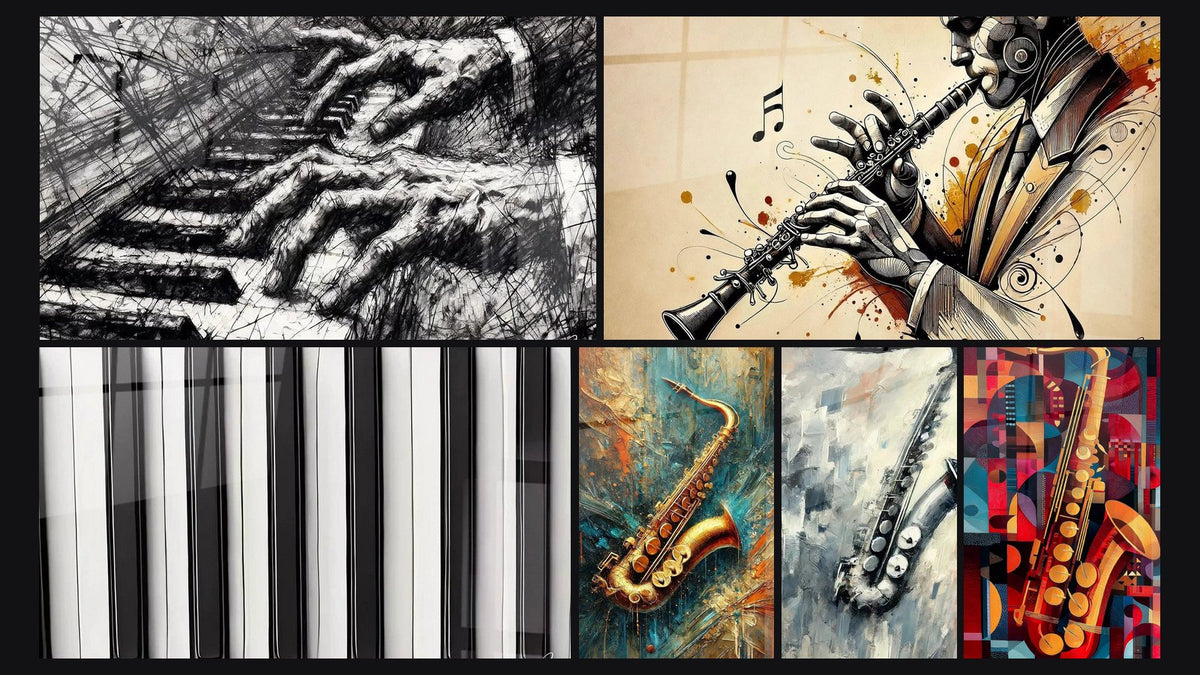 Mosaico de seis cuadros, entre ellos Acordes Destrozados, Simetría de los Sonidos y Jazz en Oro