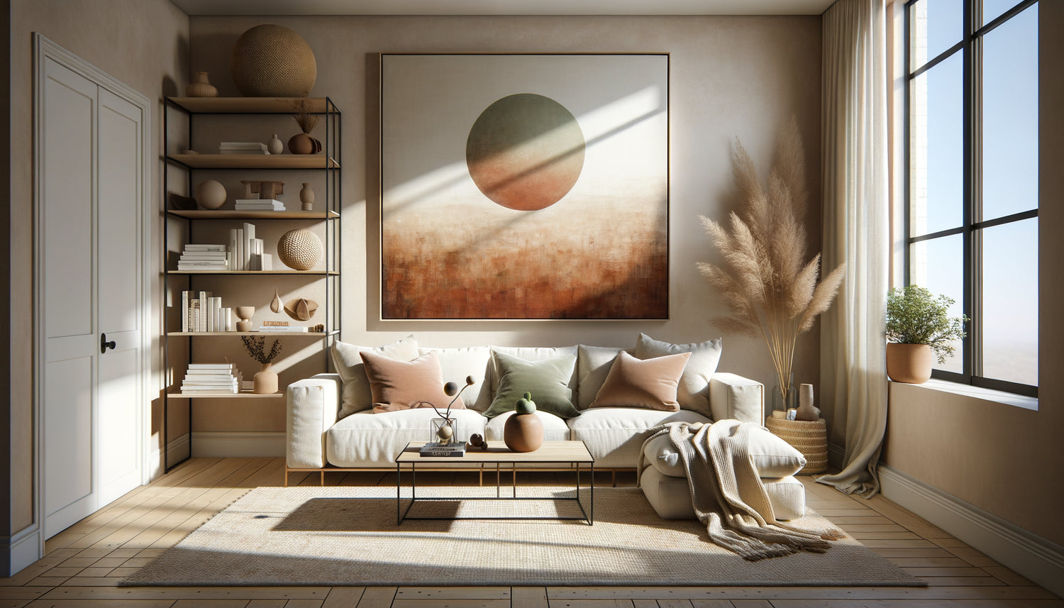 Salon Airbnb contemporain avec mur focal décoré d'une grande œuvre d'art abstraite aux tons terreux