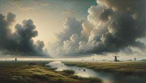 Paysage de polder de l'école de La Haye du 19ème siècle, ciel monumental occupant 70% de la toile, palette restreinte gris-vert