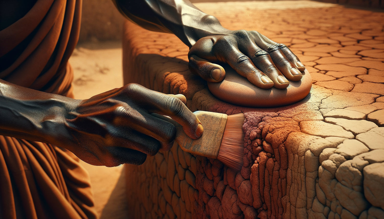 Artisan africain polissant un mur d'argile traditionnel avec une pierre, technique ancestrale de préparation murale pour fresques