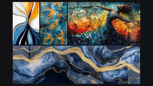 Mosaïque de quatre tableaux, dont Flux dynamiques colorés, Tourbillons dorés et Danse Feu Libératrice Rouge