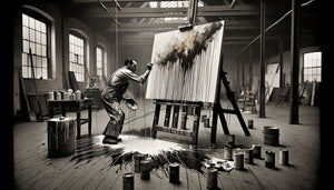 Artiste pratiquant le dripping façon Pollock, action painting expressionniste abstrait américain années 1950