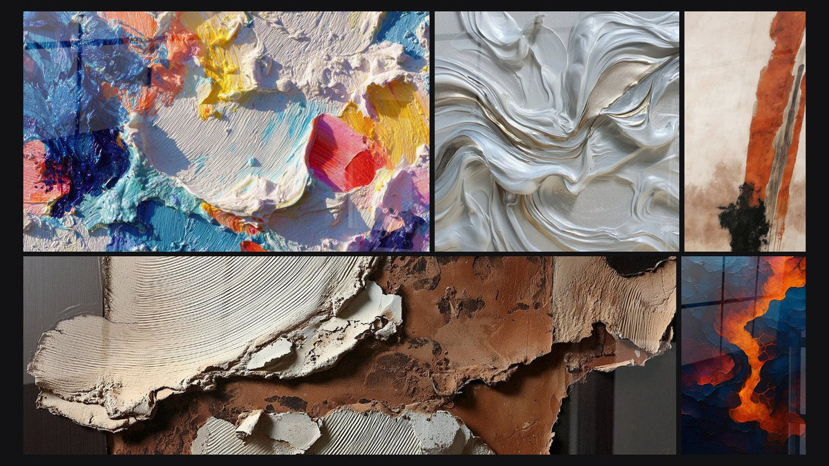 Mosaico di cinque quadri, tra cui Di pittura astratta e Astratto vortici bianco madreperla e oro