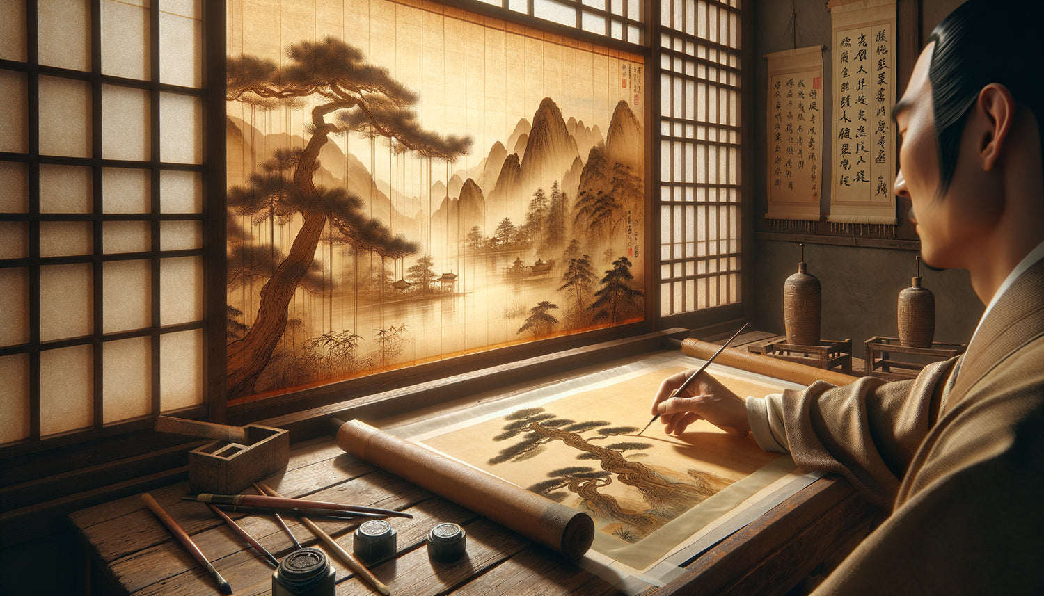 Atelier chinois traditionnel montrant la technique du poncif, copiste traçant un paysage par transparence sur papier translucide