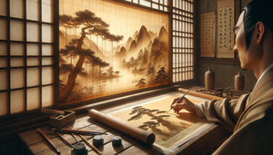 Atelier chinois traditionnel montrant la technique du poncif, copiste traçant un paysage par transparence sur papier translucide