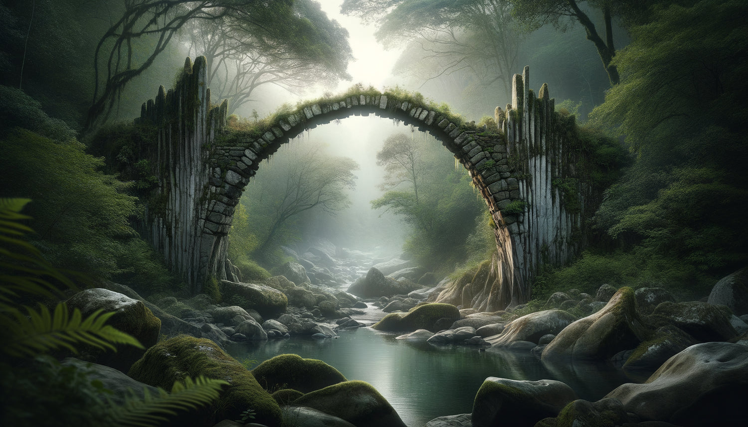 Pont naturel en pierre traversant un ruisseau forestier, symbolisant passage et transformation dans un paysage organique contemplatif