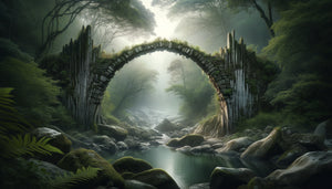 Pont naturel en pierre traversant un ruisseau forestier, symbolisant passage et transformation dans un paysage organique contemplatif