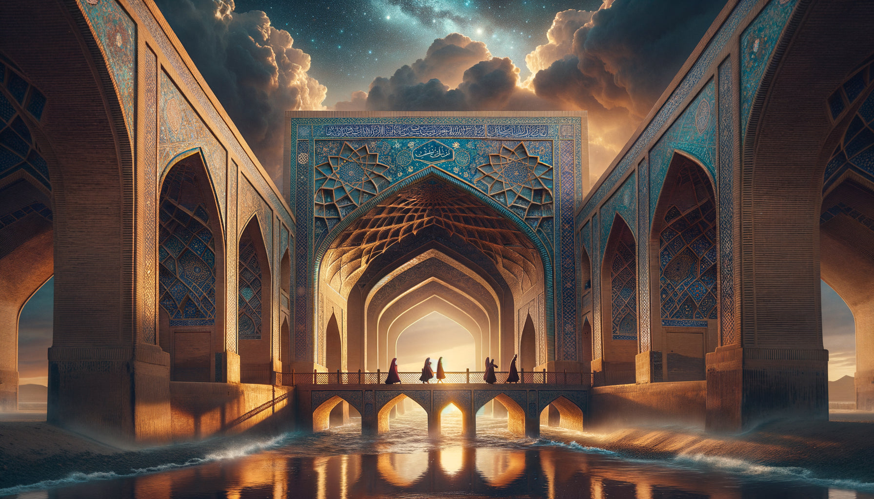 Pont safavide d'Ispahan du 17ème siècle avec arches symboliques reflétées dans l'eau, architecture persane spirituelle