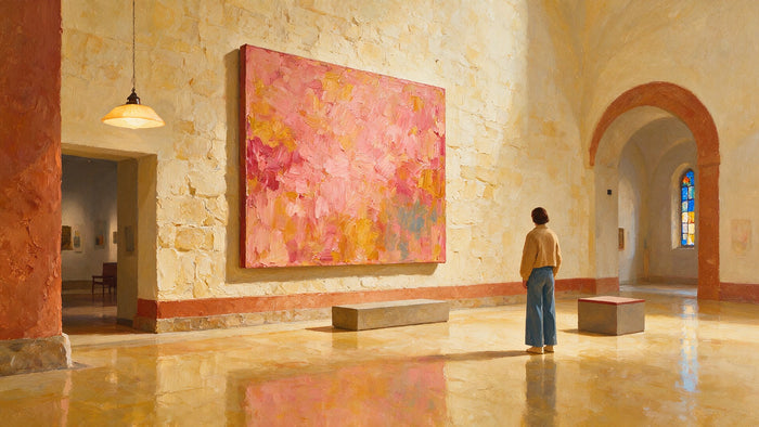 Un visiteur de dos devant un grand tableau aux couleurs vives accroché dans une haute salle de musée.