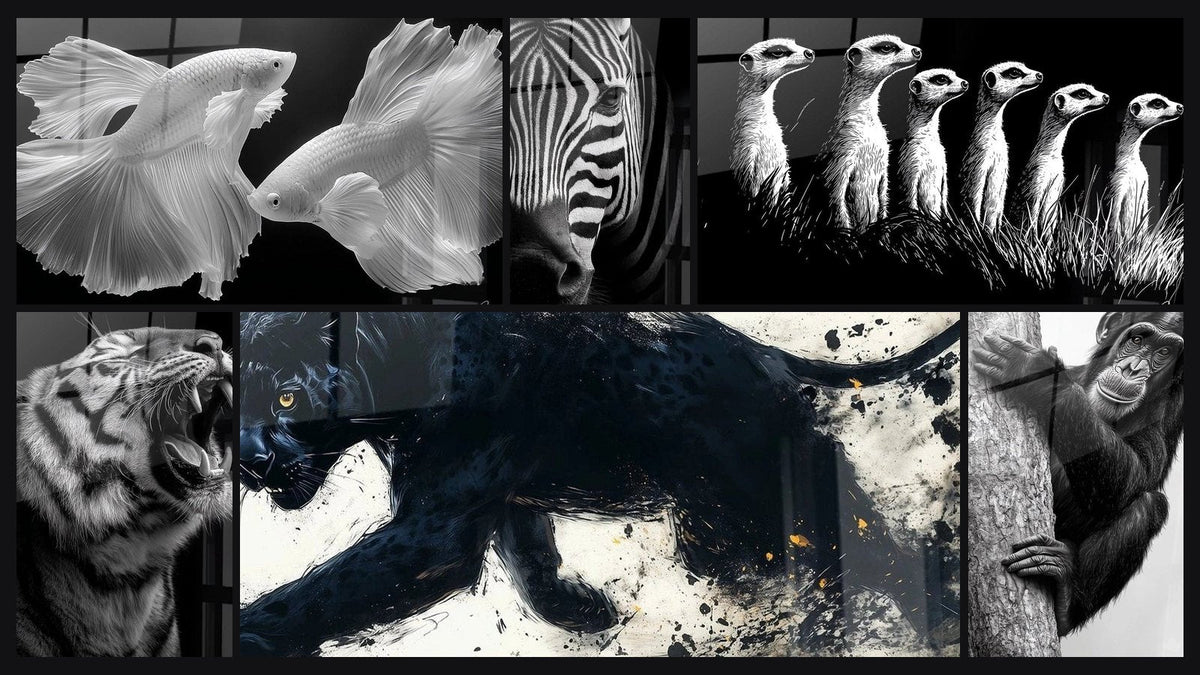 Mosaïque de six tableaux, dont Poissons combattants, Tigre Rugissant et Zèbre Portrait Profil