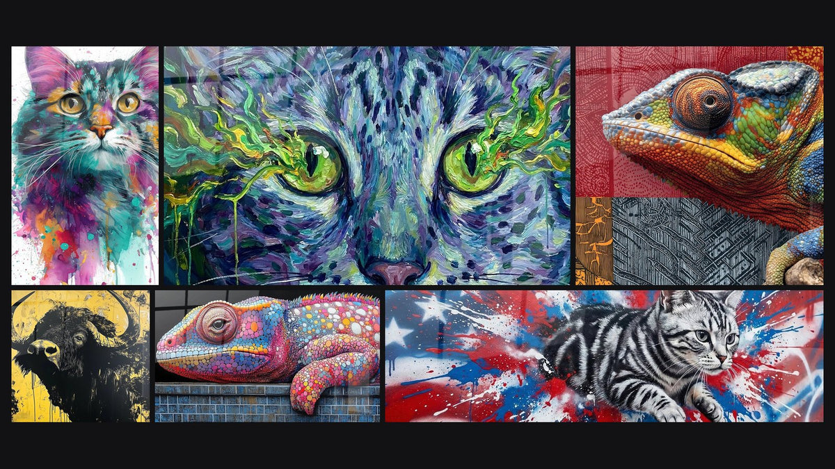 Mosaïque de six tableaux, dont Chat Aquarelle Multicolore, Chat aux Yeux Verts et Caméléon coloré sur fond géométrique