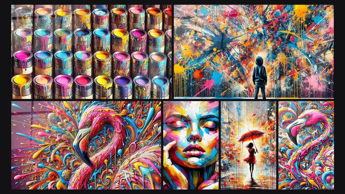 Mosaïque de six tableaux, dont L'Art en Boîte, Flambée du Flamant et Éclats de Peinture