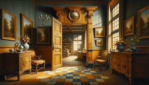 Intérieur hollandais du 17ème siècle style Vermeer avec porte ouverte créant perspective et jeu de lumière intimiste