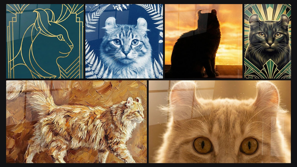 Mosaïque de six tableaux, dont Chat Art Déco Doré, Chat American Curl Bleu Fougères et Chat Silhouette Coucher de Soleil