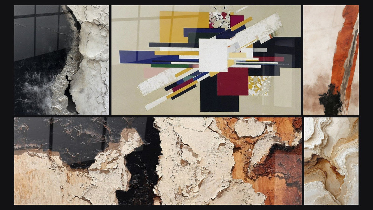 Mosaico de cinco cuadros, entre ellos Composición Geométrica Tensión Creativa y Abstracto Texturizado Beige y Ocre
