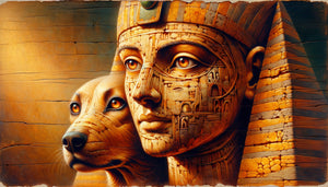 Portrait funéraire du Fayoum à l'encaustique, IIe siècle, montrant un défunt avec son chien de compagnie, technique de cire chaude sur bois