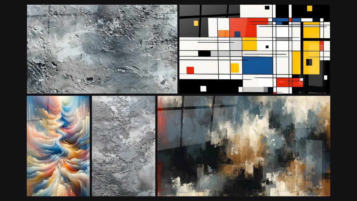 Mosaïque de cinq tableaux, dont Abstrait gris argenté texturé, Résonance des Teintes Célestes et Chaos Organisé