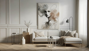 Portrait de mode abstrait aux tons nordiques épurés sur mur blanc d'intérieur minimaliste scandinave