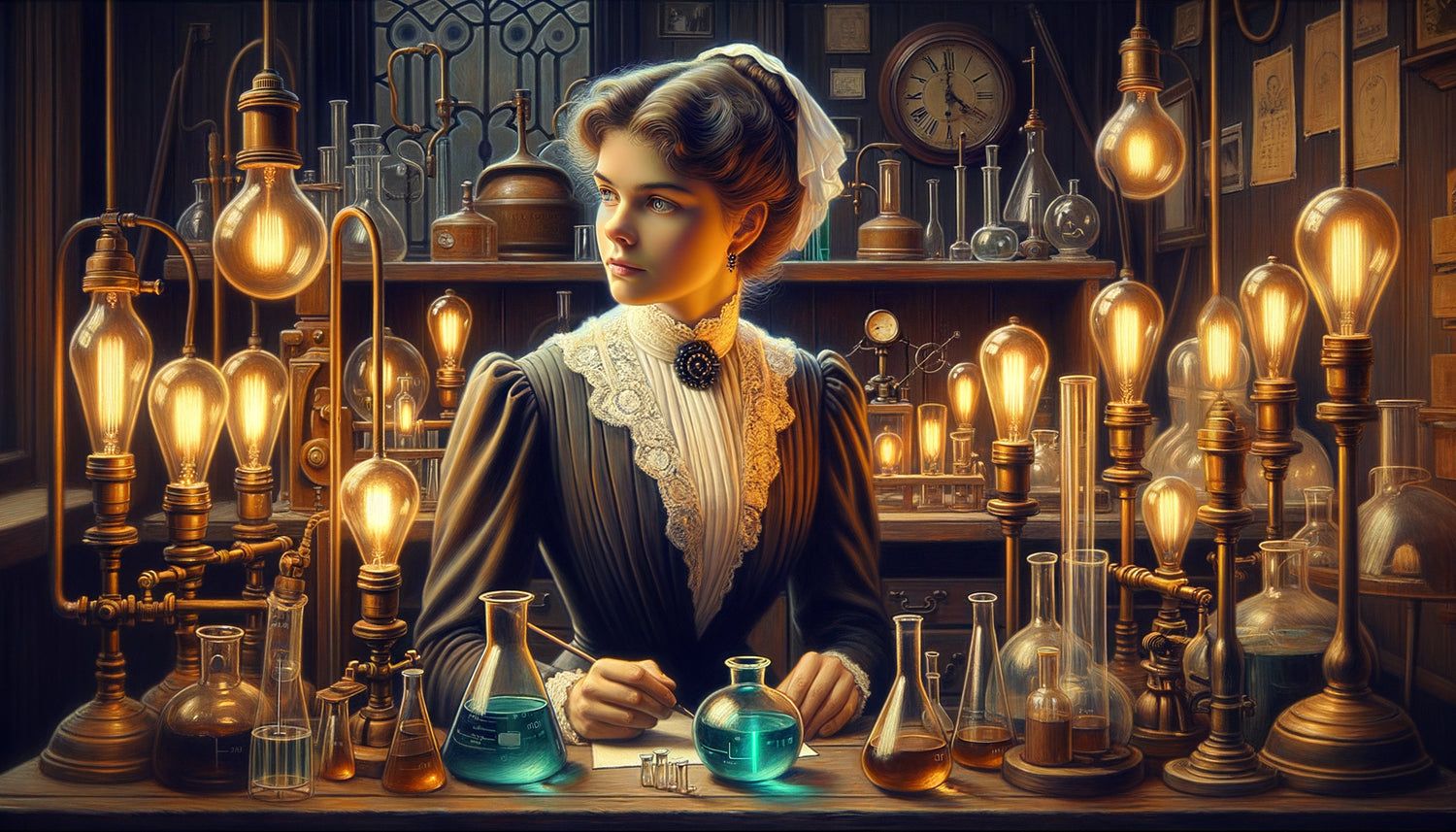Portrait réaliste de Marie Curie dans son laboratoire historique, symbolisant l'inspiration scientifique et les vocations STEM