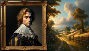 Comparaison visuelle entre portrait aristocratique classique et paysage romantique ancien, huile sur toile, cadres dorés
