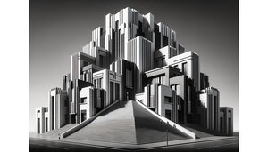 Architecture futuriste du mouvement Porvenirismo uruguayen des années 1920 en contraste noir-blanc radical et formes géométriques pures