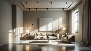 Tableau unique positionné à hauteur de regard idéale sur mur épuré avec éclairage naturel doux et équilibré