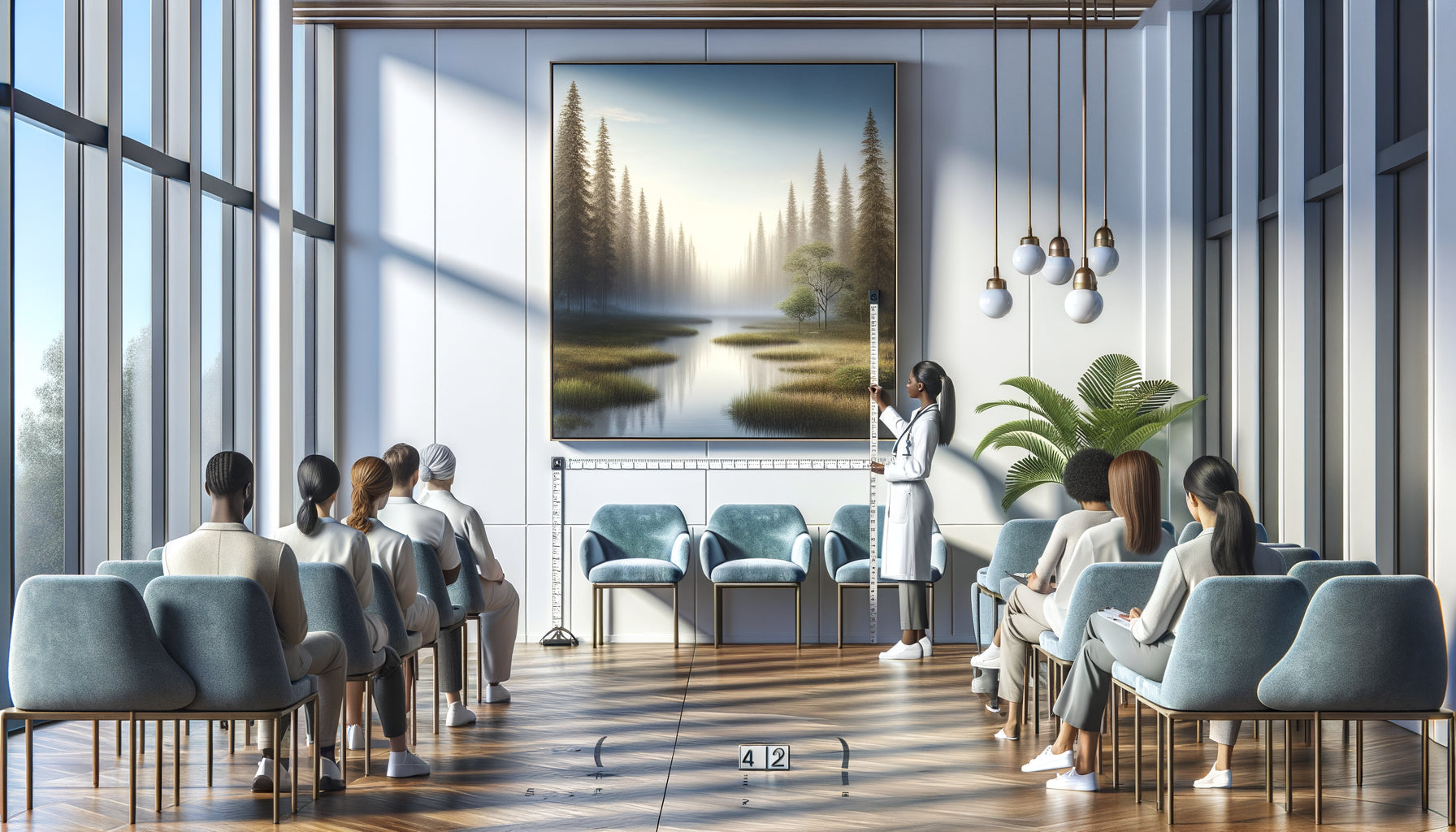 Professionnel mesurant hauteur optimale tableau nature mur salle attente médicale moderne patients détendus ambiance apaisante