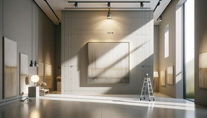 Démonstration professionnelle du positionnement optimal d'un tableau sur un mur avec éclairage stratégique et hauteur idéale