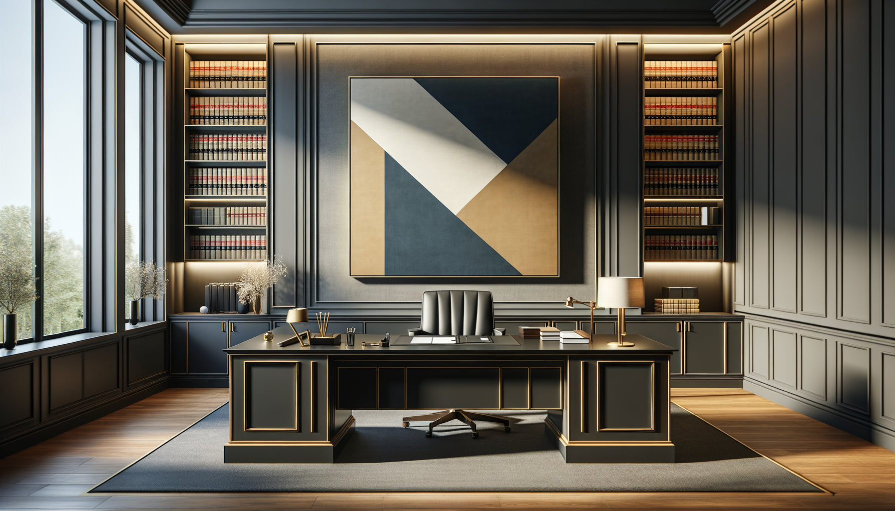 Bureau d'avocat avec tableau abstrait aux tons sobres parfaitement positionné derrière le bureau, éclairage professionnel calibré