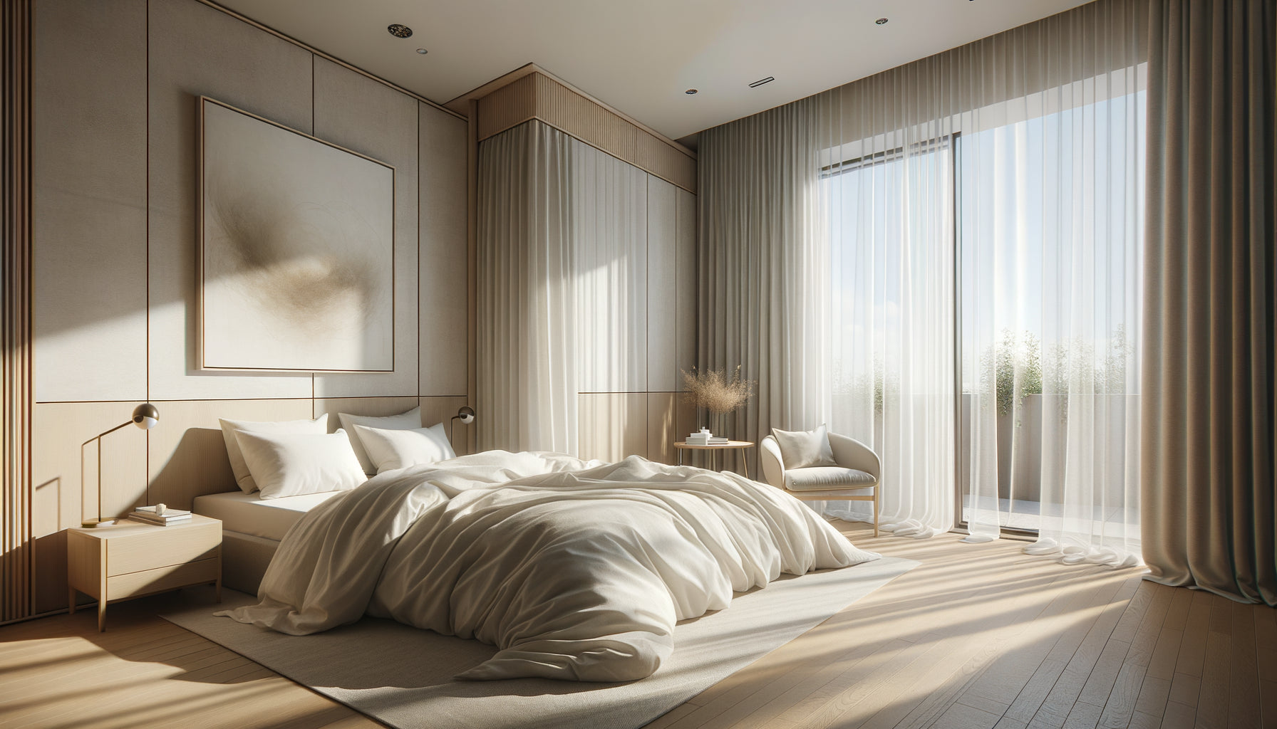 Chambre contemporaine avec tableau positionné face au lit à hauteur idéale entre 120 et 140 cm