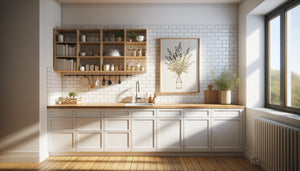 Petite cuisine moderne avec tableau botanique bien positionné créant un point focal sans encombrer l'espace