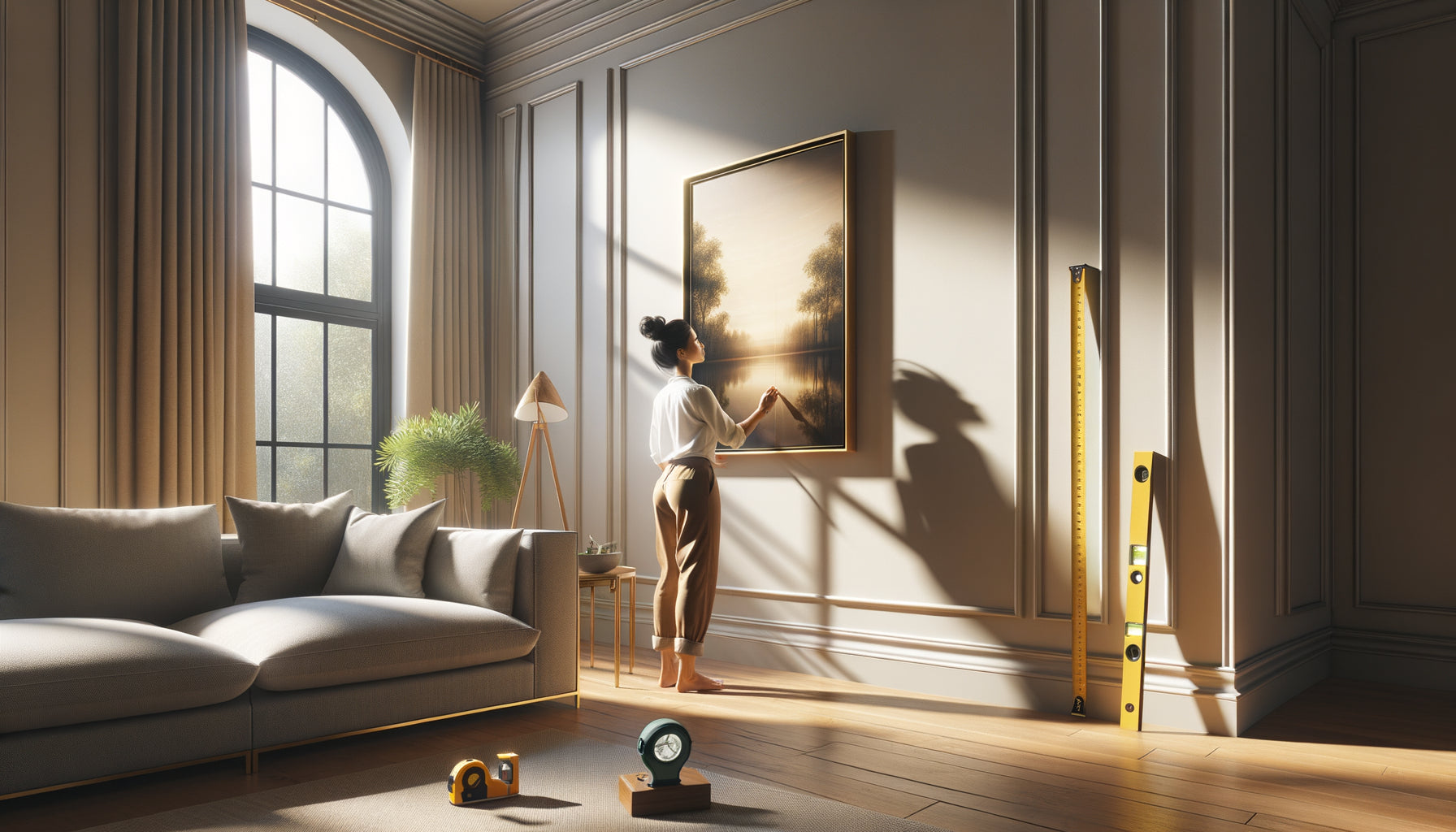 Positionnement professionnel d'un tableau avec angle d'inclinaison optimal pour éviter les reflets lumineux