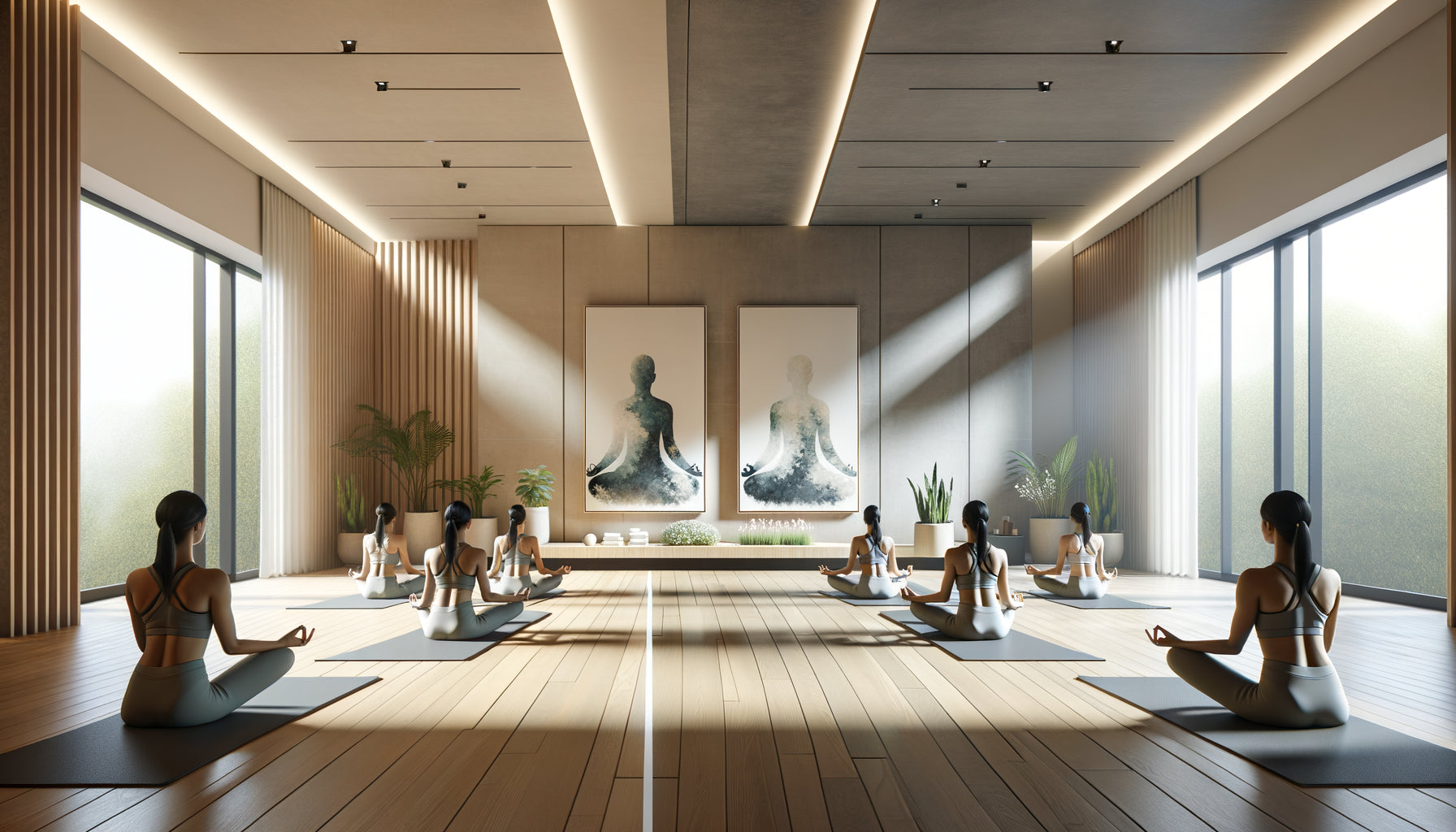 Studio de yoga contemporain montrant deux options de positionnement d'un tableau décoratif par rapport aux pratiquants en méditation