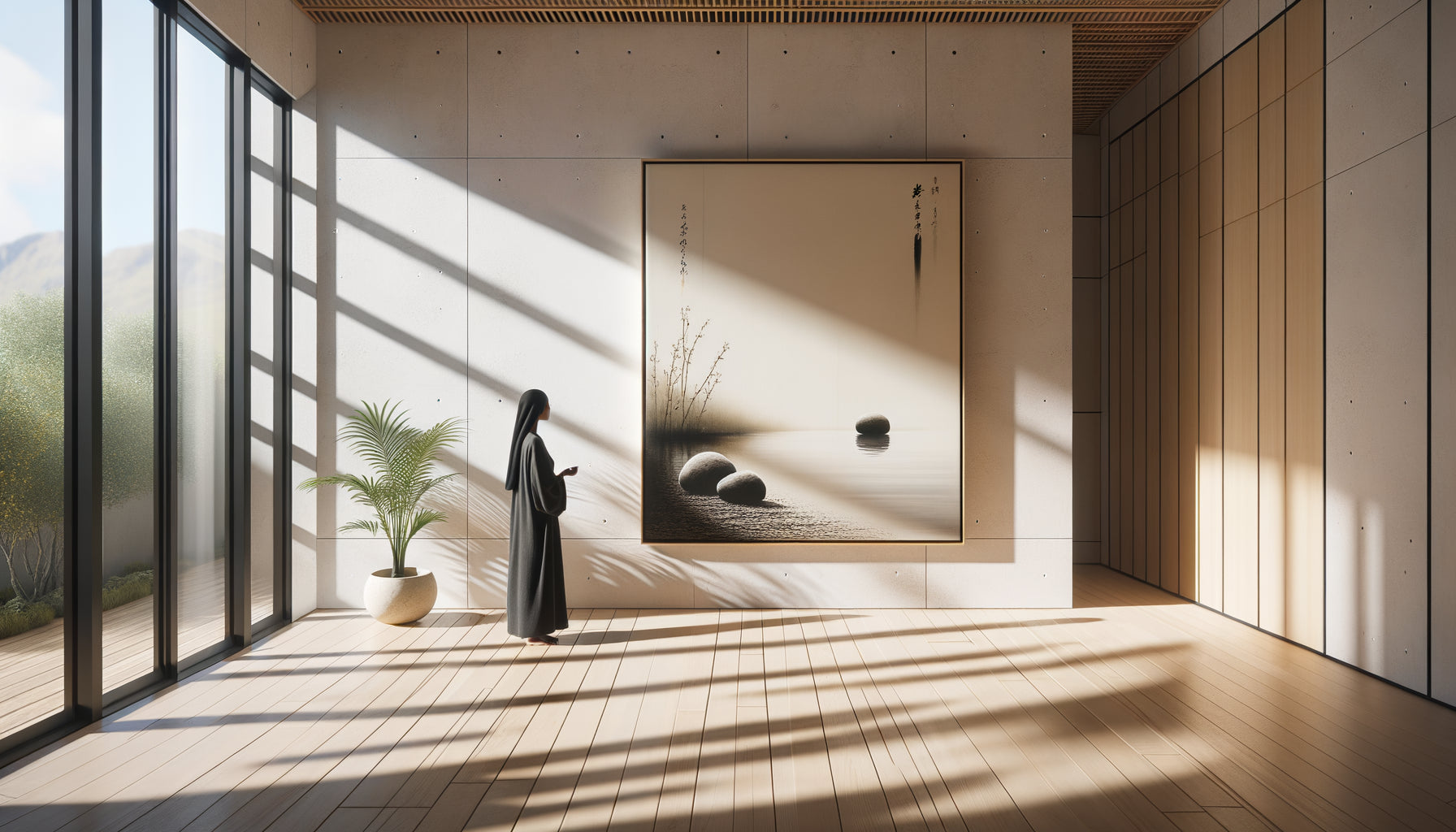 Tableau zen minimaliste positionné à hauteur des yeux sur mur blanc avec lumière naturelle latérale et espace respiratoire