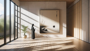 Tableau zen minimaliste positionné à hauteur des yeux sur mur blanc avec lumière naturelle latérale et espace respiratoire