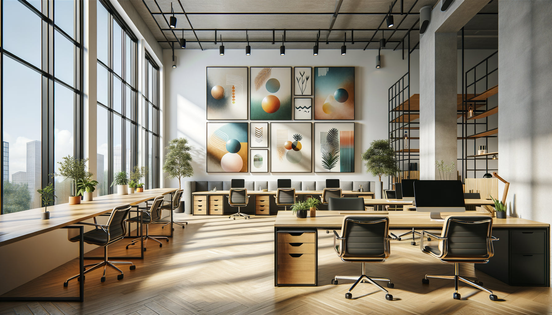 Espace de coworking moderne avec plusieurs tableaux muraux disposés harmonieusement sur mur blanc, bureaux de travail au premier plan