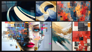 Mosaïque de six tableaux, dont Onde spiralée moderne, Femme digitale fragmentée et Crête d'Or et d'Écume
