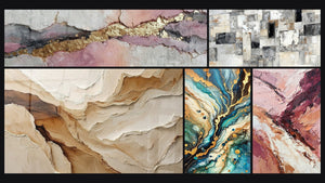 Mosaïque de cinq tableaux, dont Abstrait Beige et Terre, Abstrait Mosaïque Grise et Beige et Labyrinthe Minéral