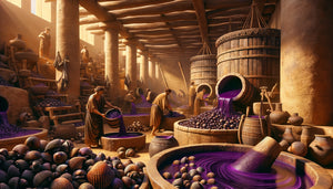 Atelier antique phénicien d'extraction du pourpre de Tyr avec milliers de coquillages murex et cuves de teinture