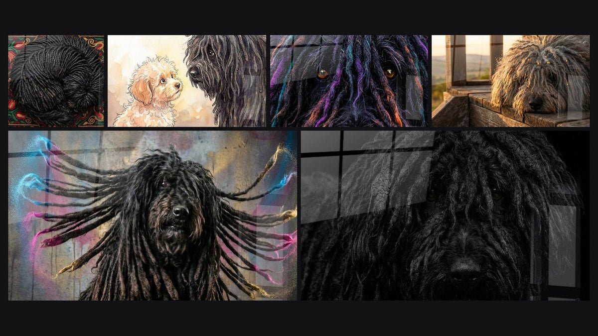 Mosaic of six paintings, including Two Dogs with Contrasting Coats and Colorful Dreadlock Dog with Amber Eyes