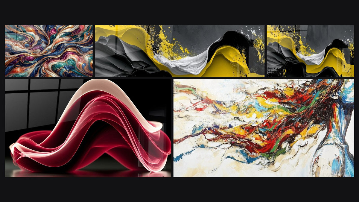 Mosaico de cinco cuadros, entre ellos Cosmos Encantado y Olas fluidas amarillas y negras