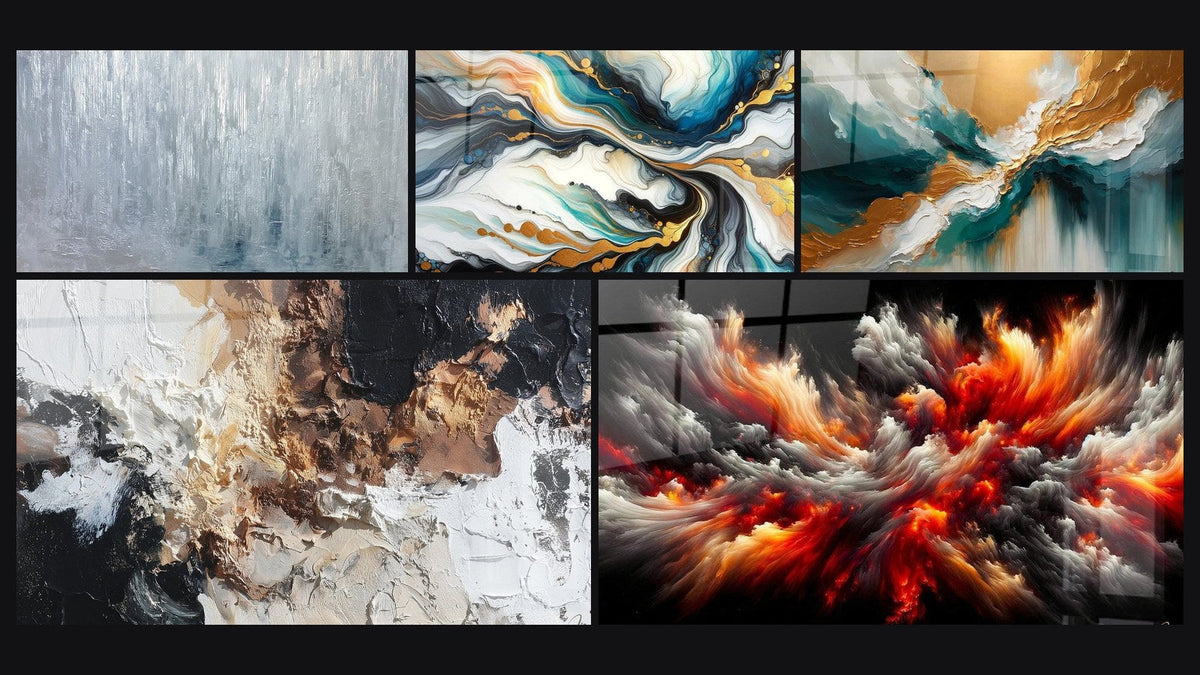Mosaïque de cinq tableaux, dont Courants Colorés, Abstrait texturé blanc noir bronze et Tempête Solaire Abyssale