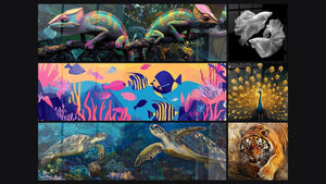 Mosaïque de six tableaux, dont Caméléon maîtres du camouflage, Poissons oasis sous-marine et Poissons Combattants