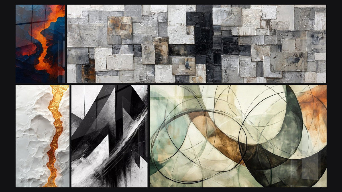 Mosaic of five paintings, including Blood of the Earth, Fractured Trajectories and The Invisible Bonds