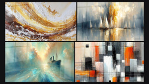 Mosaïque de quatre tableaux, dont Au Cœur de la Brise, Mécanique des couleurs et Aurore sur la Baie
