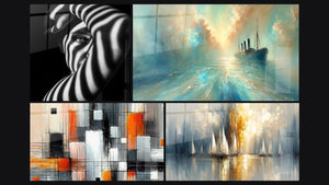 Mosaïque de quatre tableaux, dont Femme Ombres Lumineuses, Au Cœur de la Brise et Mécanique des couleurs