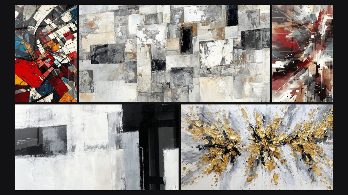 Mosaico de cinco cuadros, entre ellos Revolución Arquitectónica Moderna y Abstracto Mosaico Gris y Beige